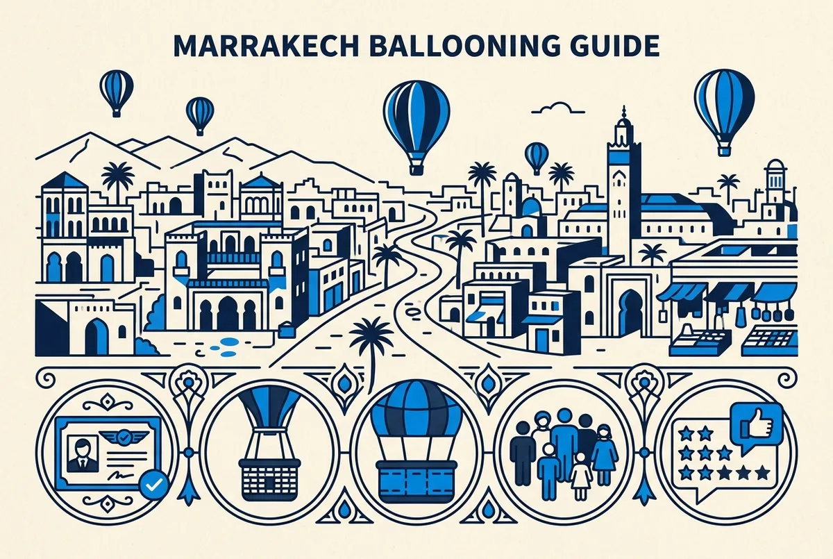 Infographic checklist of what to verify before booking a Marrakech hot air balloon company: pilot license, basket type, group size, review count