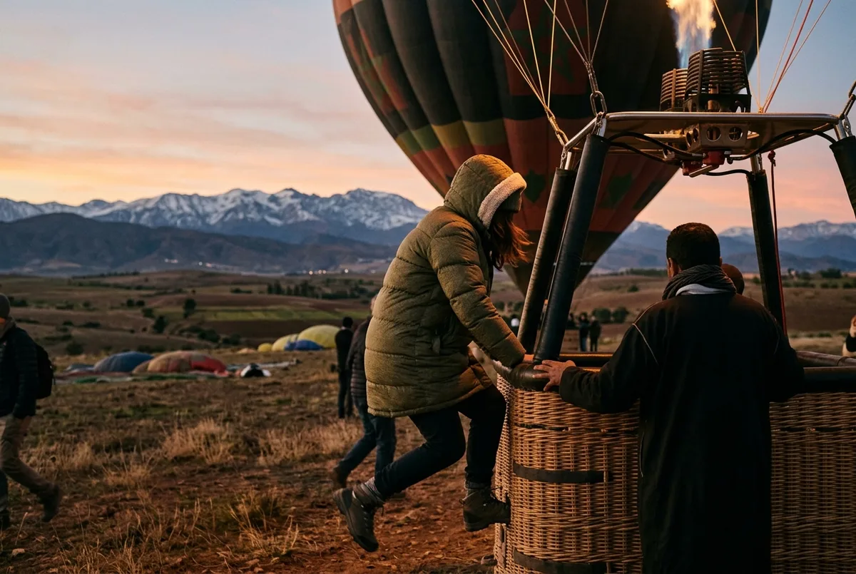 Traveler wrapped in a warm jacket boarding a hot air balloon basket before sunrise in the Atlas Mountains foothills near Marrakech, best time hot air balloon marrakech scene