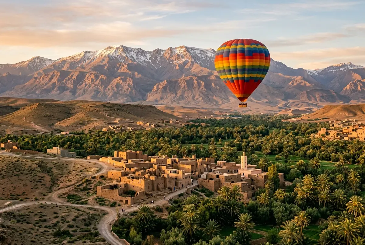 Multicolored hot air balloon drifting over the Atlas Mountains foothills near Marrakech at sunrise, with palm groves and a Berber village below