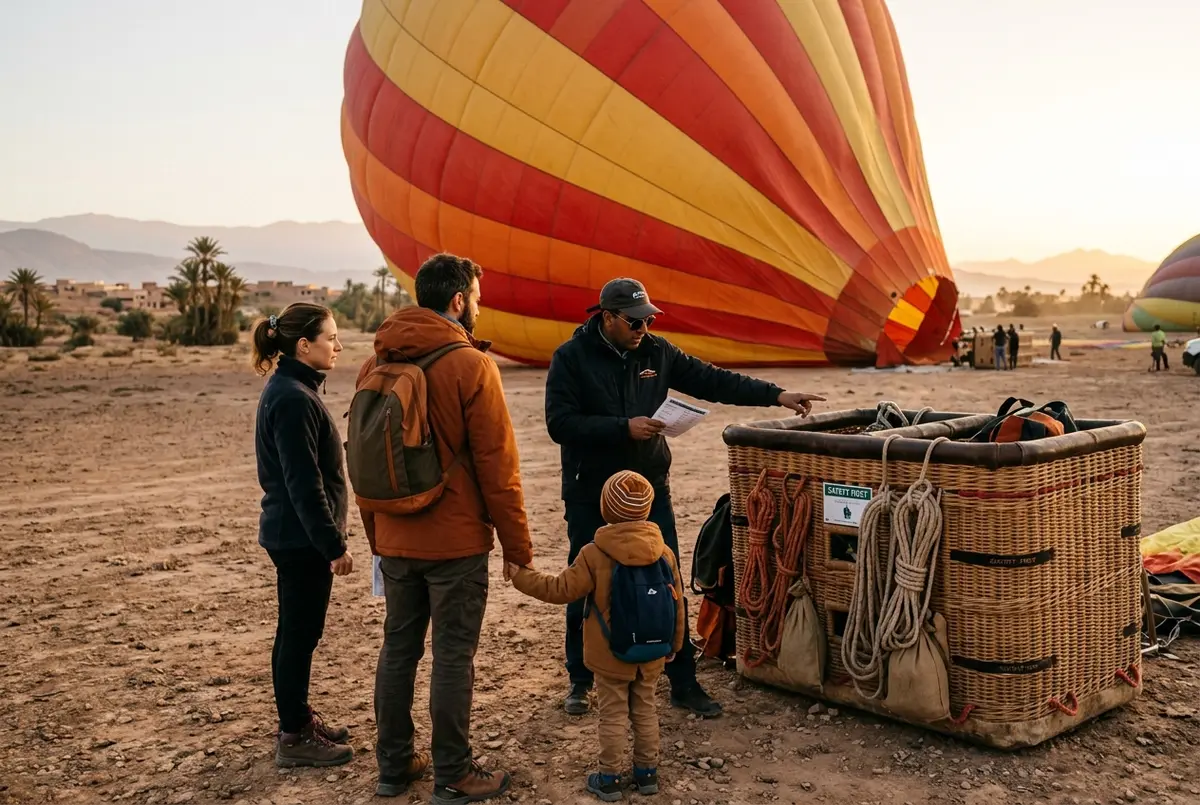 Famille en couches de vêtements chaudes embarquant dans une nacelle de montgolfière avant l'aube près de Marrakech, ambiance montgolfière marrakech enfant