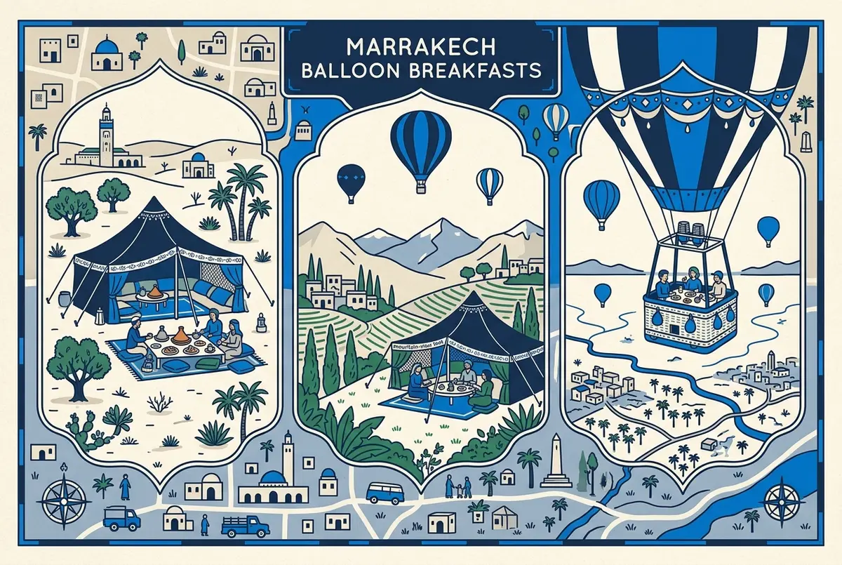 Comparison infographic showing where breakfast is served across different Marrakech hot air balloon listings: landing site tent, mountain-view tent, and on board the private flight