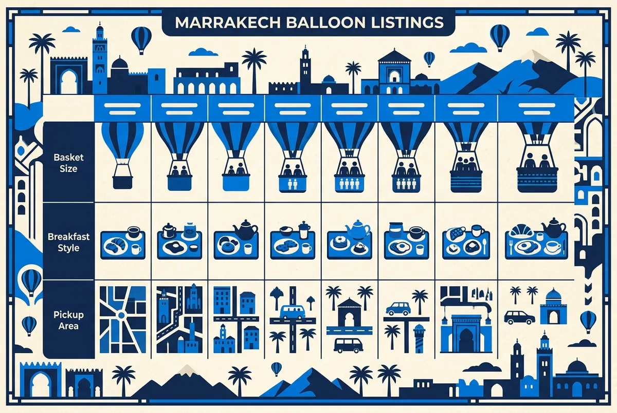 Comparison table graphic showing Marrakech hot air balloon listings by basket size, breakfast style and pickup area