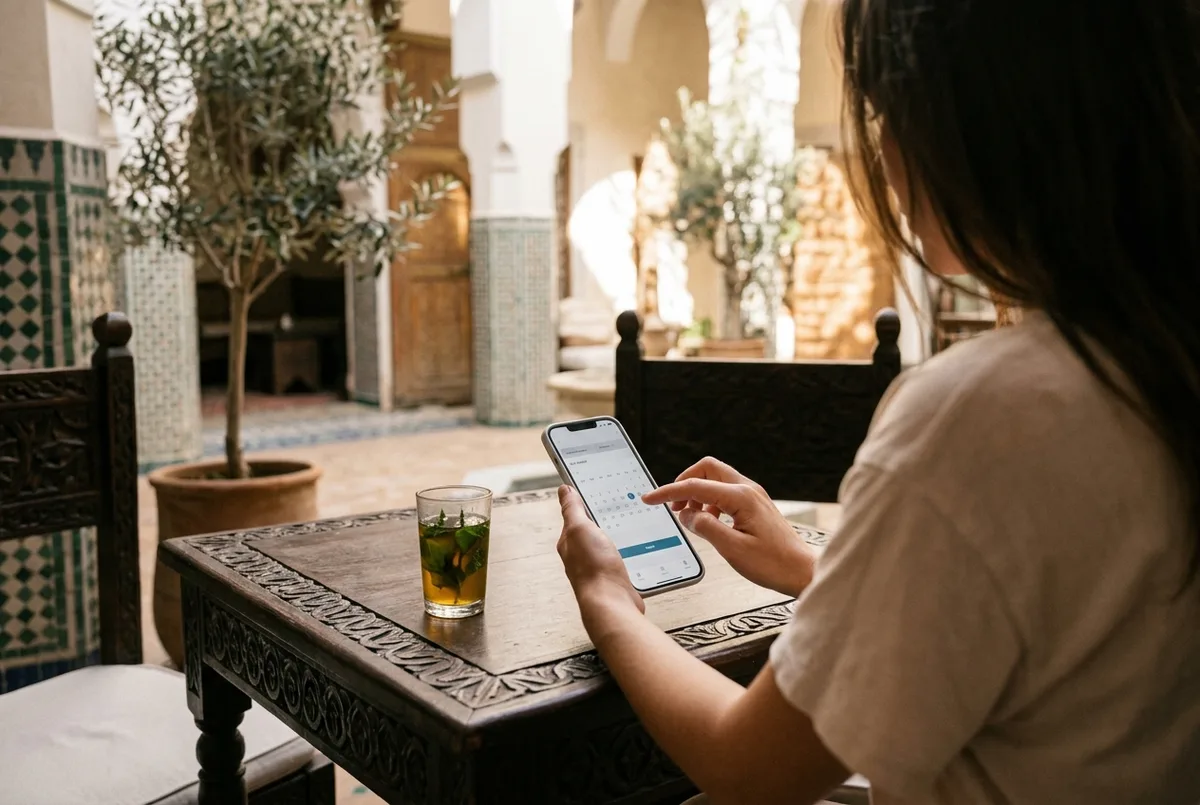 Step by step visual guide showing the Marrakech hot air balloon booking process: choose a date, pay online, receive pickup confirmation the evening before