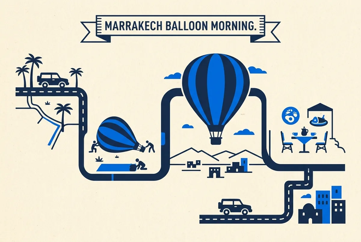 Simple timeline infographic showing the stages of a Marrakech hot air balloon morning, pickup, inflation, flight, breakfast and return, each labeled with its typical duration