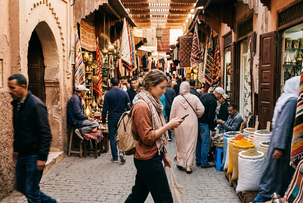 Traveler checking a phone for the time while walking through the busy Marrakech medina souks in soft late morning light after a hot air balloon flight, hot air balloon marrakech day trip itinerary scene