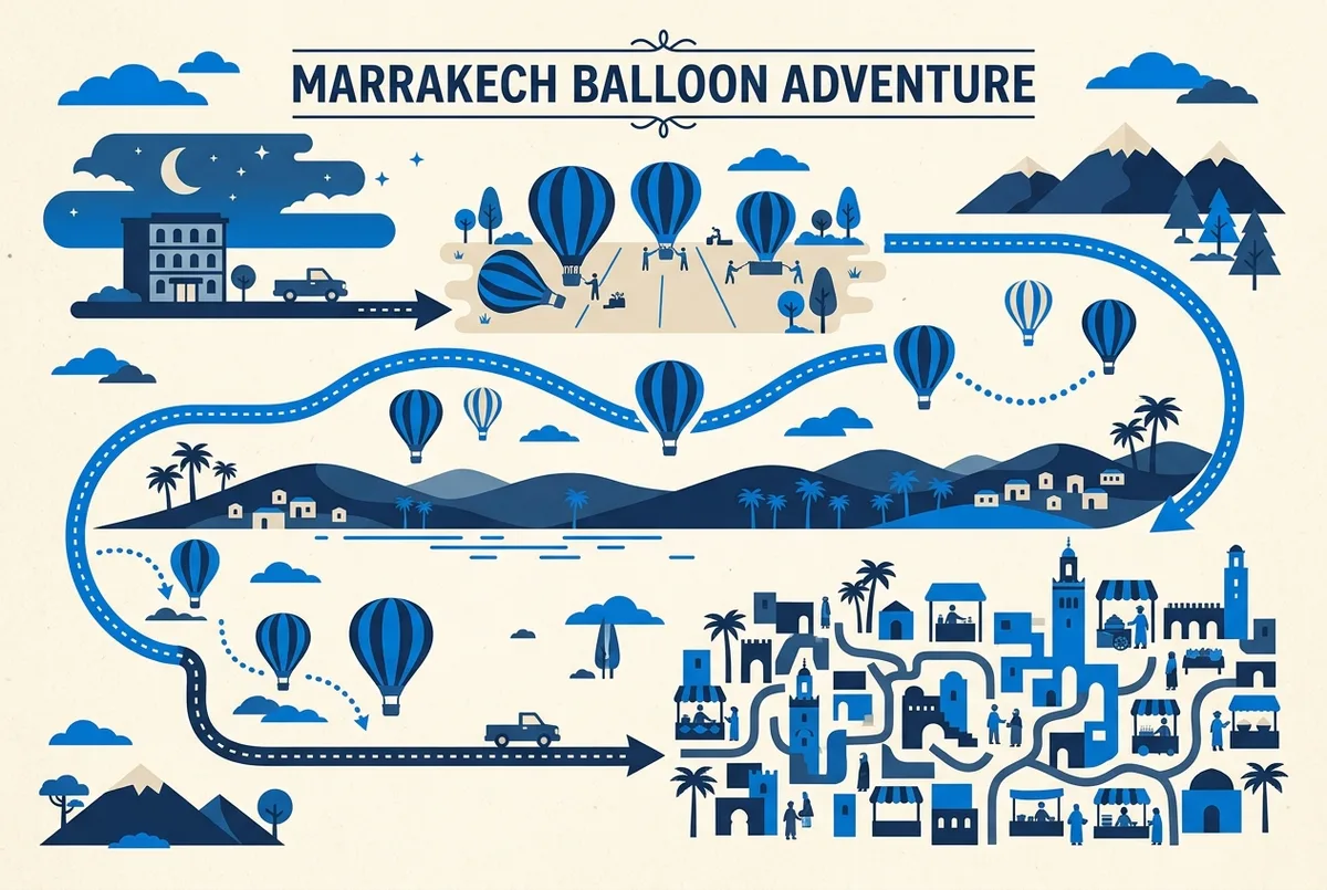 Hour by hour map style itinerary graphic showing pre-dawn hotel pickup, the balloon launch site, the flight path over the Atlas foothills and the return route into the Marrakech medina souks, hot air balloon marrakech day trip itinerary infographic