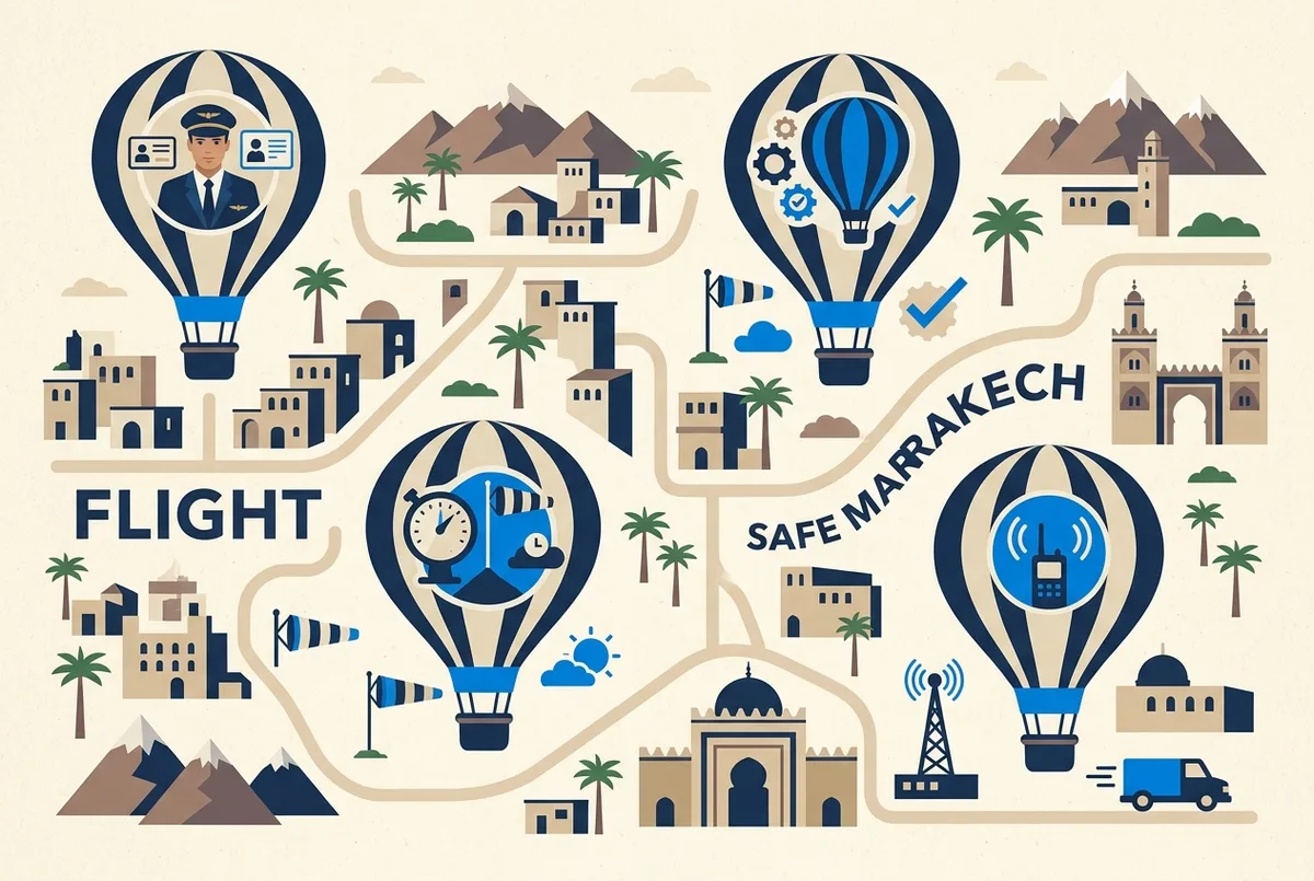 Infographic showing the four pillars of a safe Marrakech hot air balloon flight: licensed pilot, maintained equipment, weather-gated launch, ground crew tracking