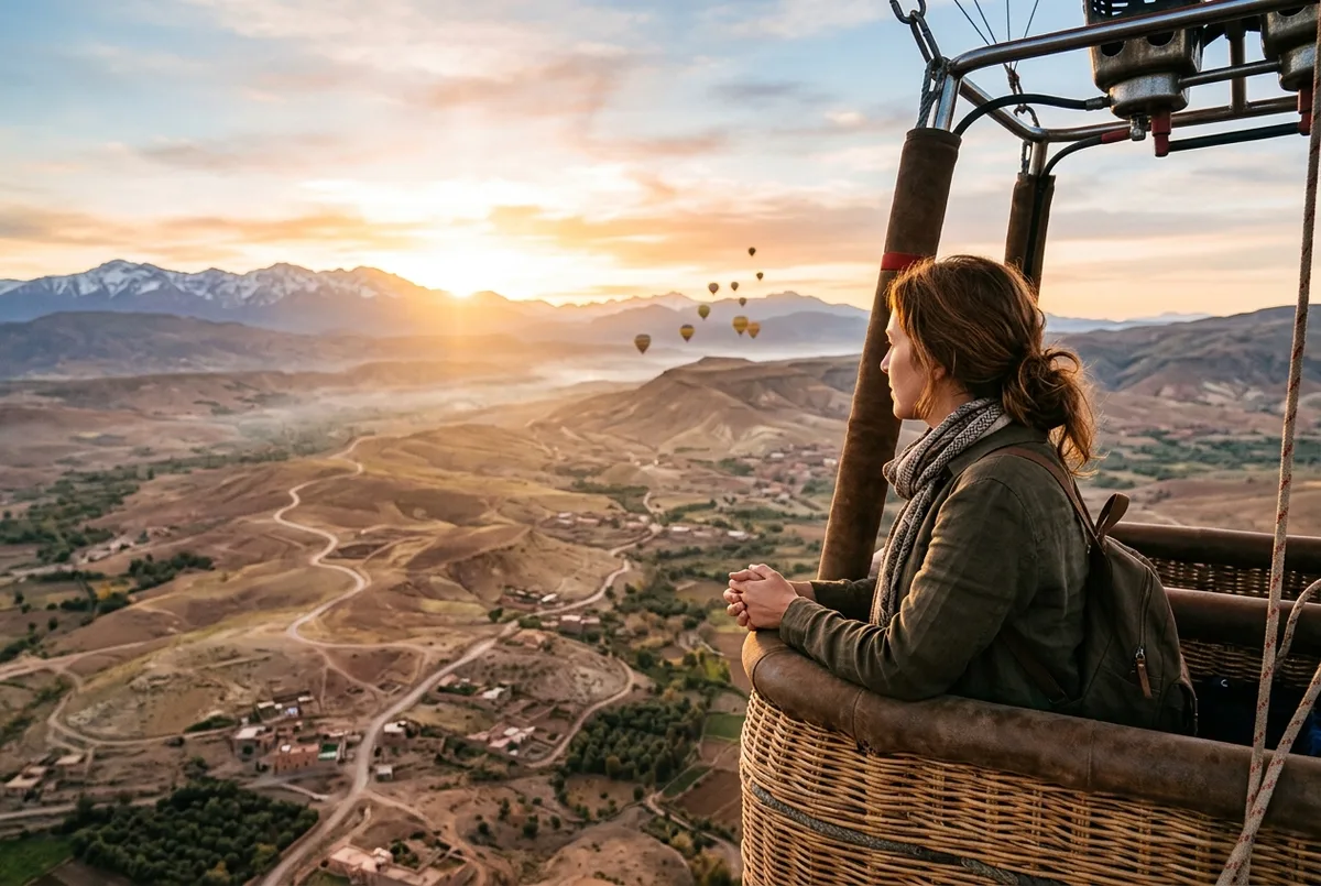 Traveler looking out from a hot air balloon basket over the Atlas foothills at sunrise near Marrakech with a thoughtful, weighing expression, is hot air balloon marrakech worth it scene