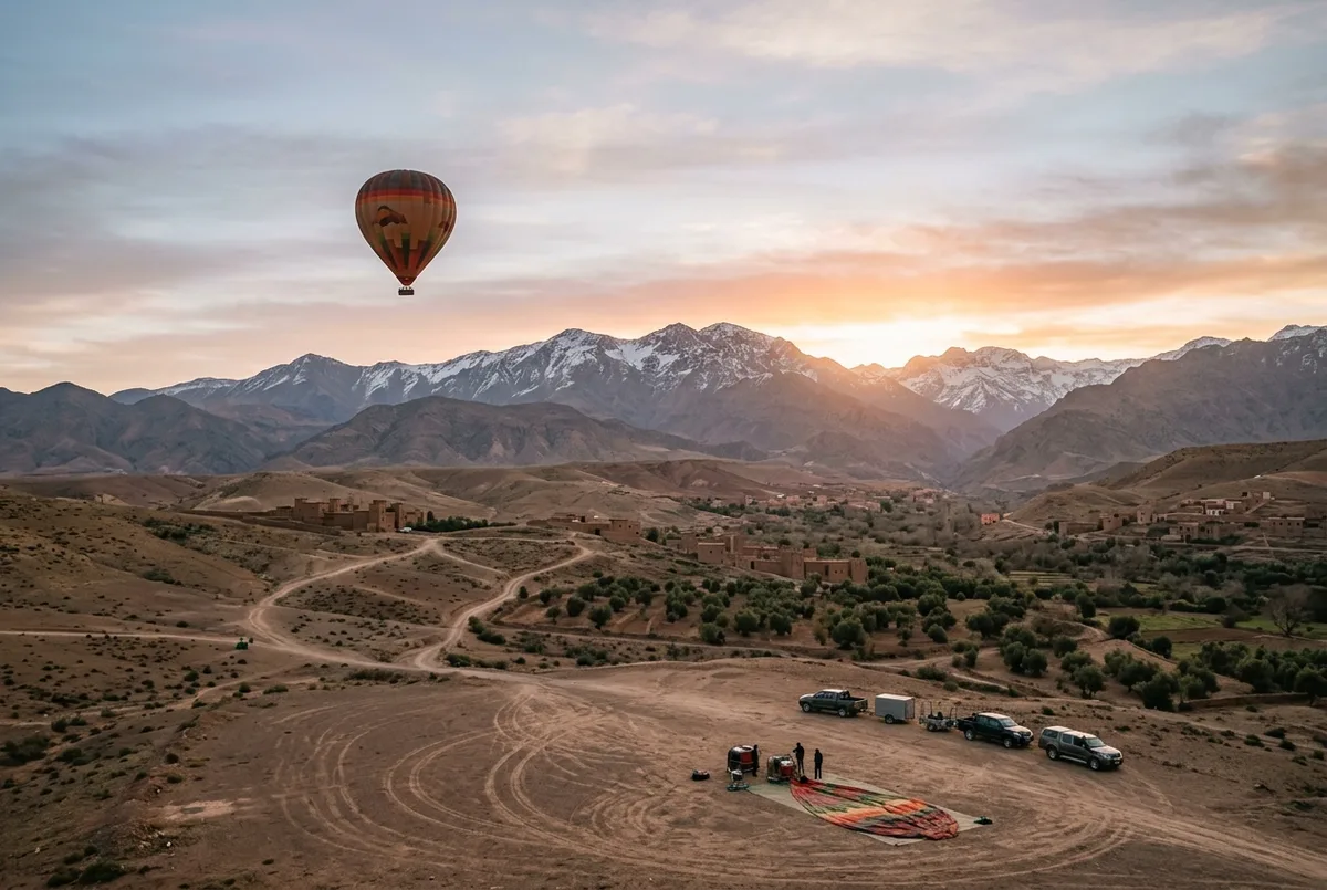 Wide dawn sky over the Atlas foothills near Marrakech with a single hot air balloon aloft and an empty launch field beside it, marrakech hot air balloon festival concept