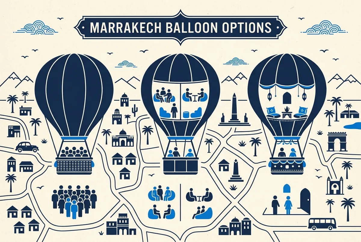 Comparison infographic showing shared basket, comfort compartment, and fully private balloon options for a Marrakech hot air balloon flight