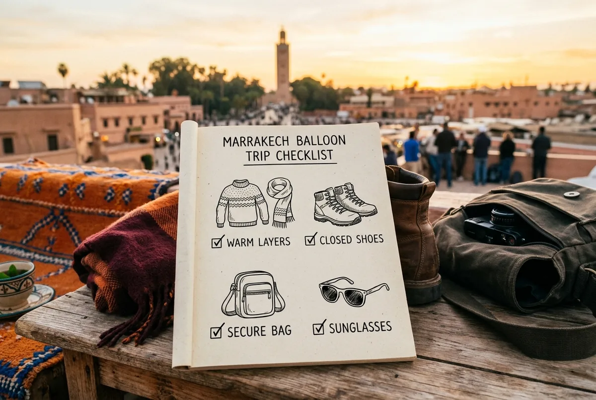 Simple checklist graphic showing what to pack for a Marrakech hot air balloon morning: warm layers, closed shoes, secure bag, sunglasses