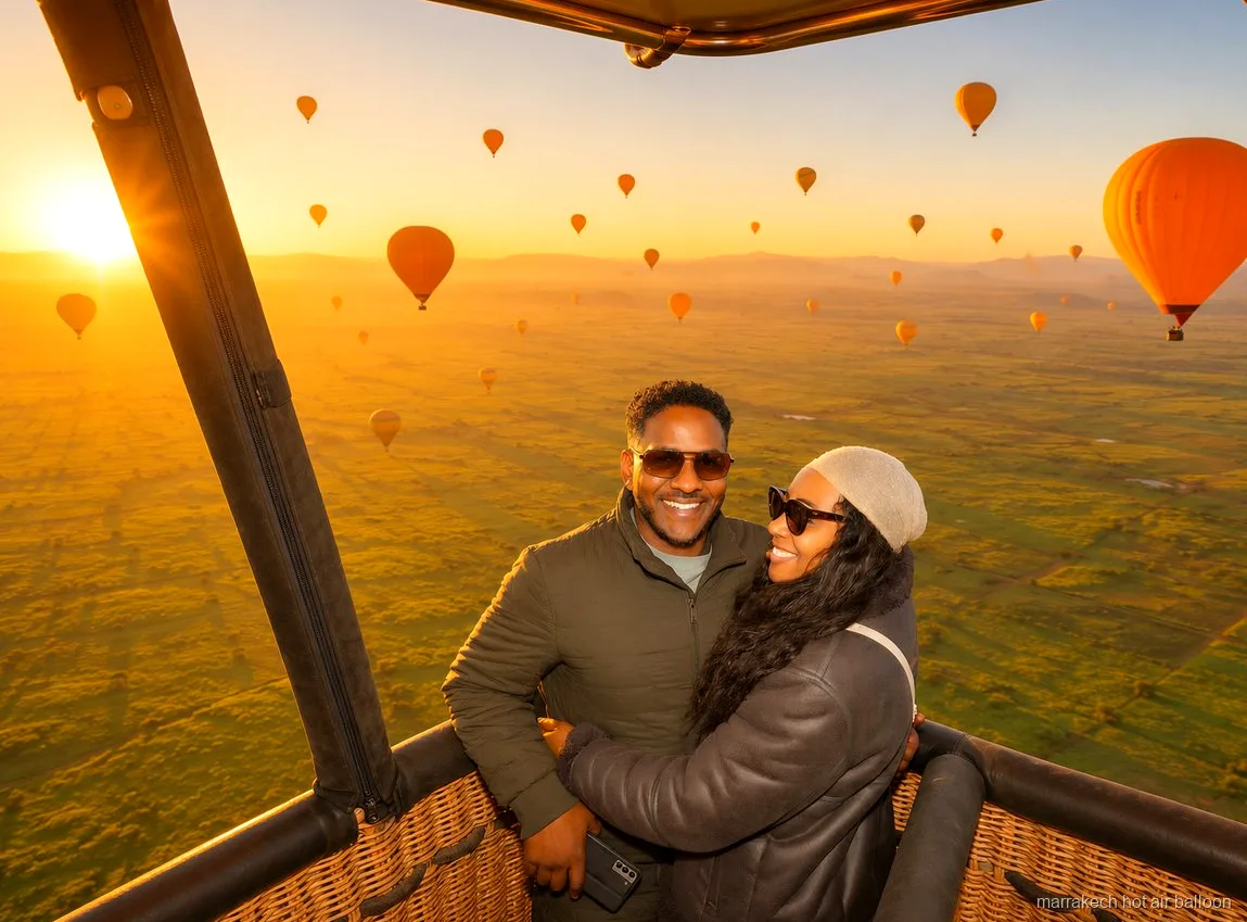 Grupo pequeño embarcando en un compartimento privado de un globo en Marrakech