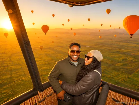 Kleine Gruppe beim Einsteigen in ein privates Abteil bei einer Ballonfahrt in Marrakesch