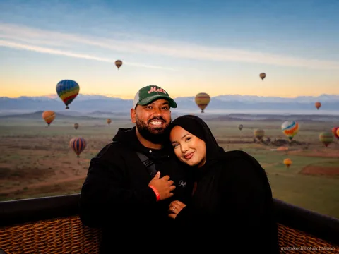 View of Atlas Mountains valleys from the comfort hot air balloon flight