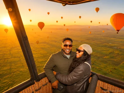 Hot air balloon flight over the Atlas Mountains before a Palmeraie camel ride